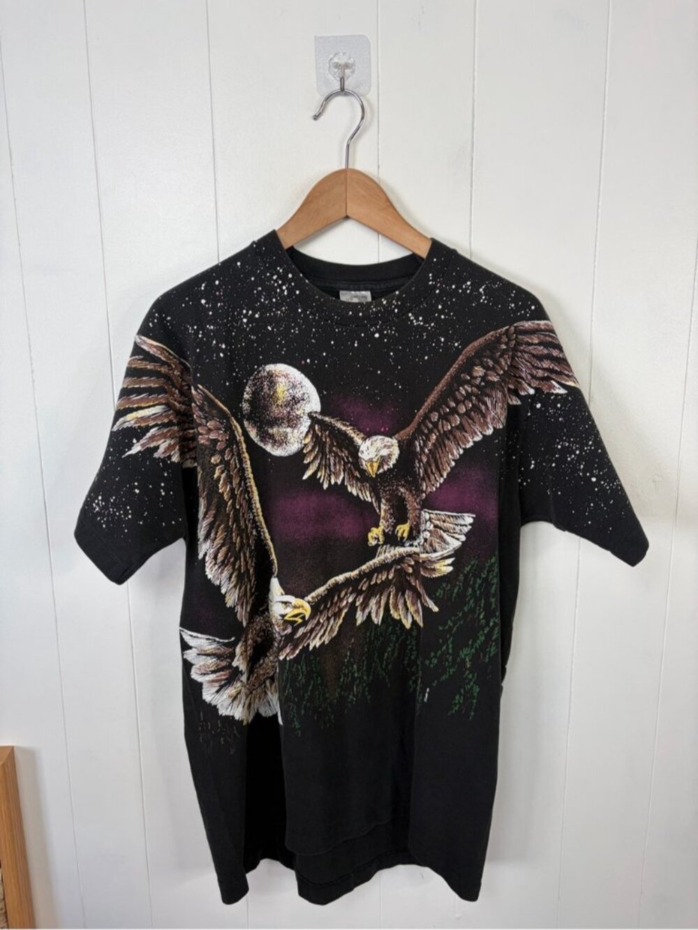 Vintage AOP Black Eagle Short Sleeve T-shirt 1990s Graphic Retro Mens Med/Large - Picture 2 of 9